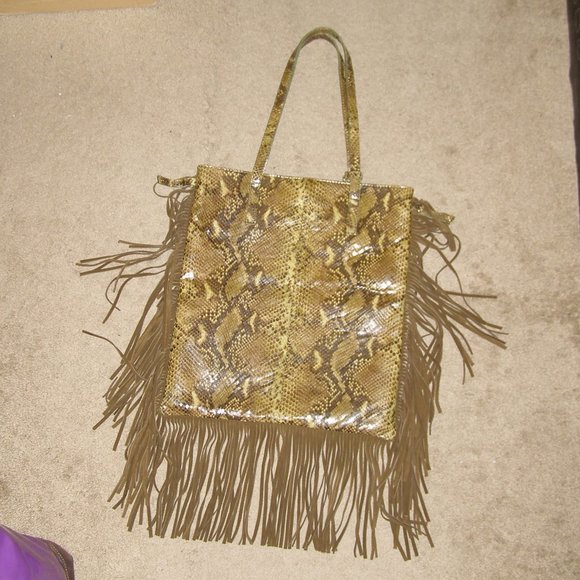 NWOT Via Repubblica Olive Green Reptile Leather Bag w/Fringe - Picture 6 of 10